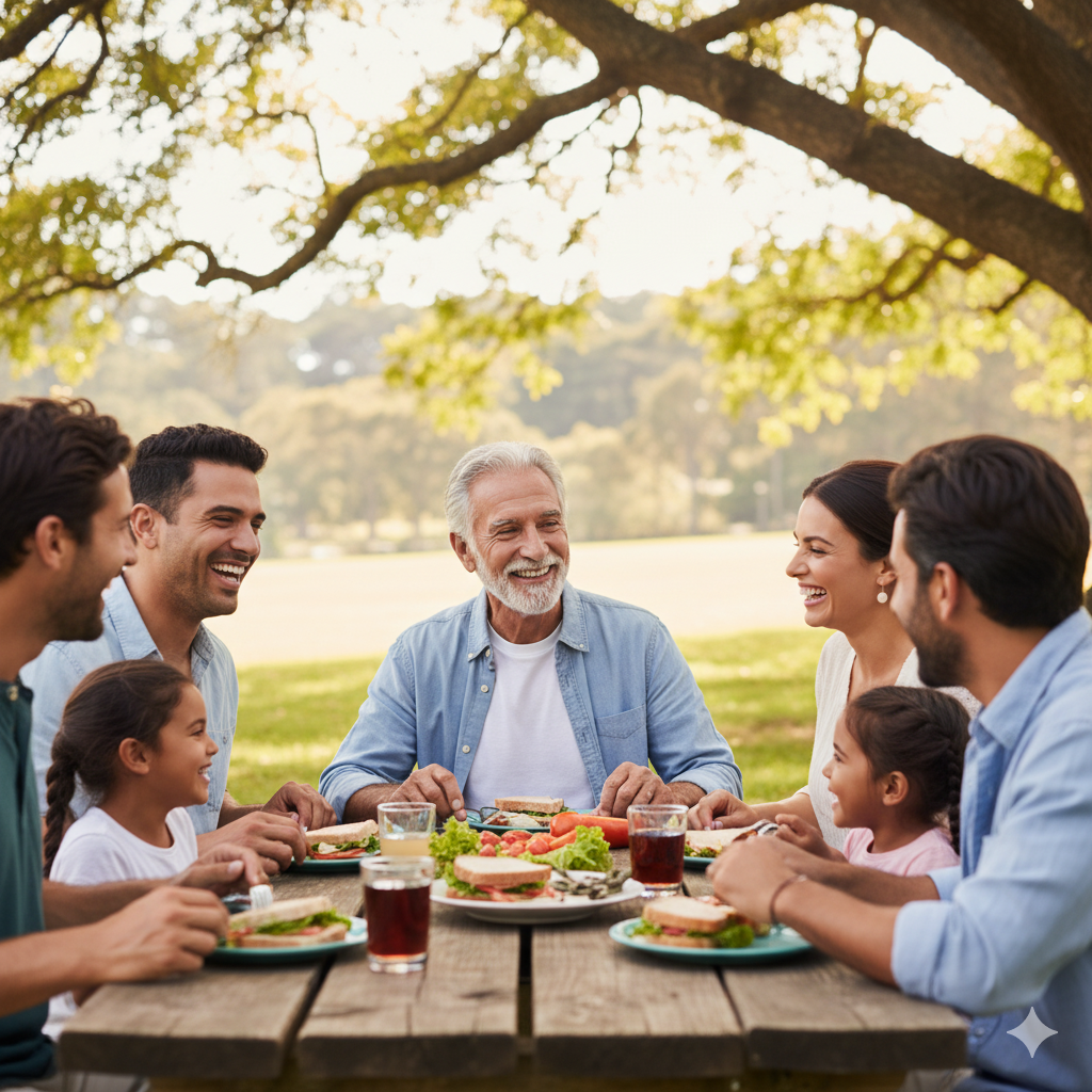 A family gathered around a picnic table, enjoying a meal together in a sunny outdoor setting.