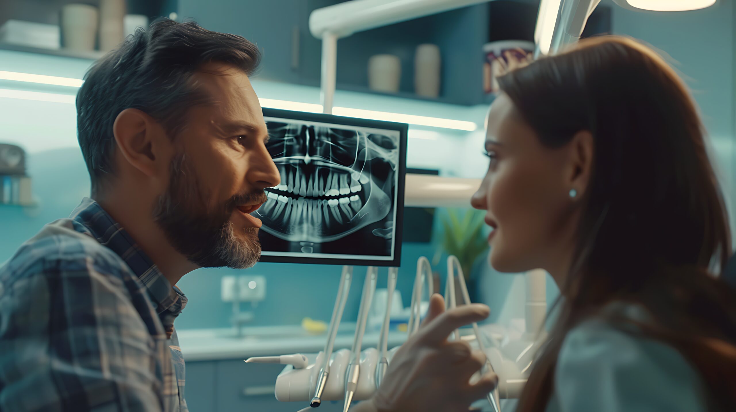 A man and woman examine an x-ray together in a dental office, discussing the findings with focused expressions.