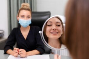 Patient smiling while viewing her teeth in a mirror during a dental consultation.